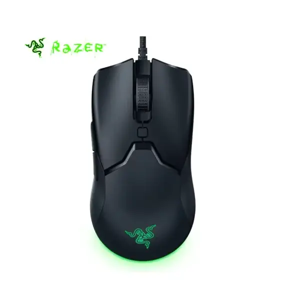 Black razer gaming mouse with green glowing logo and textured scroll wheel.