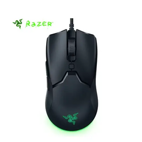 Black razer gaming mouse with green glowing logo and textured scroll wheel.