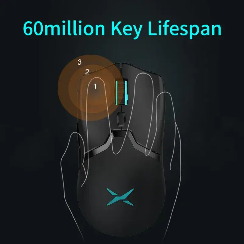 Black gaming mouse with teal accent lighting and a stylized x logo on the palm area.