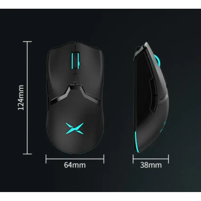 Black gaming mouse with teal led lighting accents and an illuminated ’x’ logo on the palm rest.