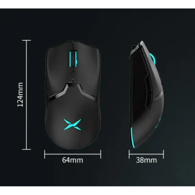 Black gaming mouse with teal led lighting accents and an illuminated ’x’ logo on the palm rest.
