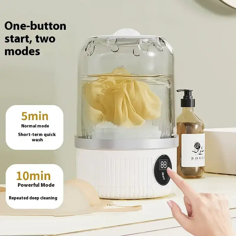 White electric garment steamer with a clear glass dome and ribbed base, featuring a digital display and one-button control for two cleaning modes.