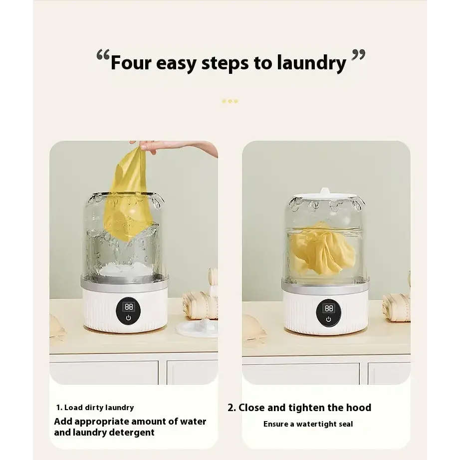White electric laundry pod with transparent cylindrical chamber and digital display.