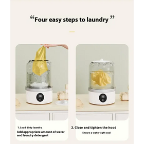 White electric laundry pod with transparent cylindrical chamber and digital display.