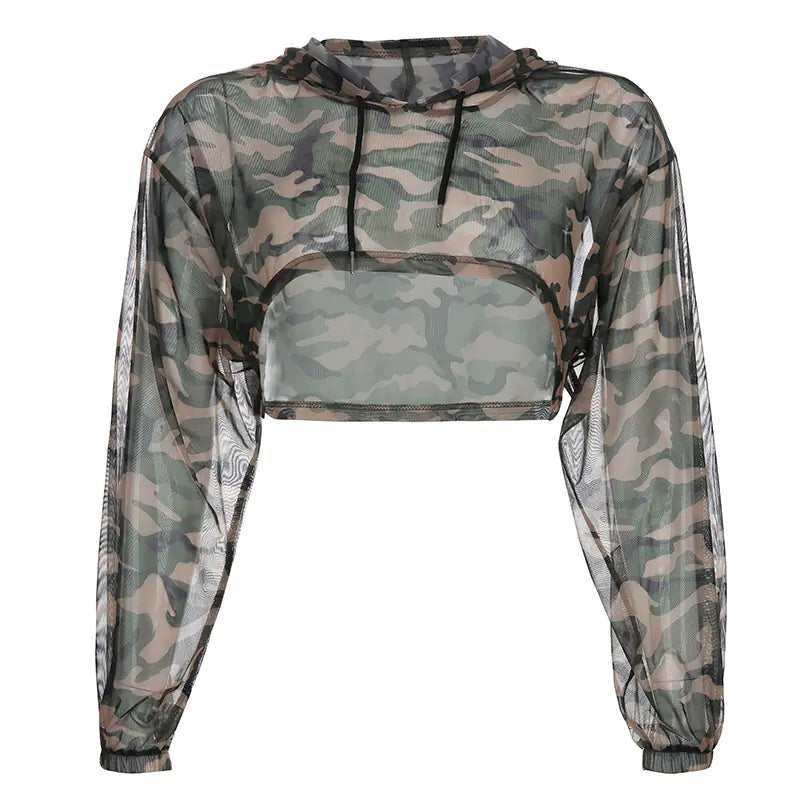 Camouflage Crop Long Sleeve Hoodie in Two Colors - Joomcy
