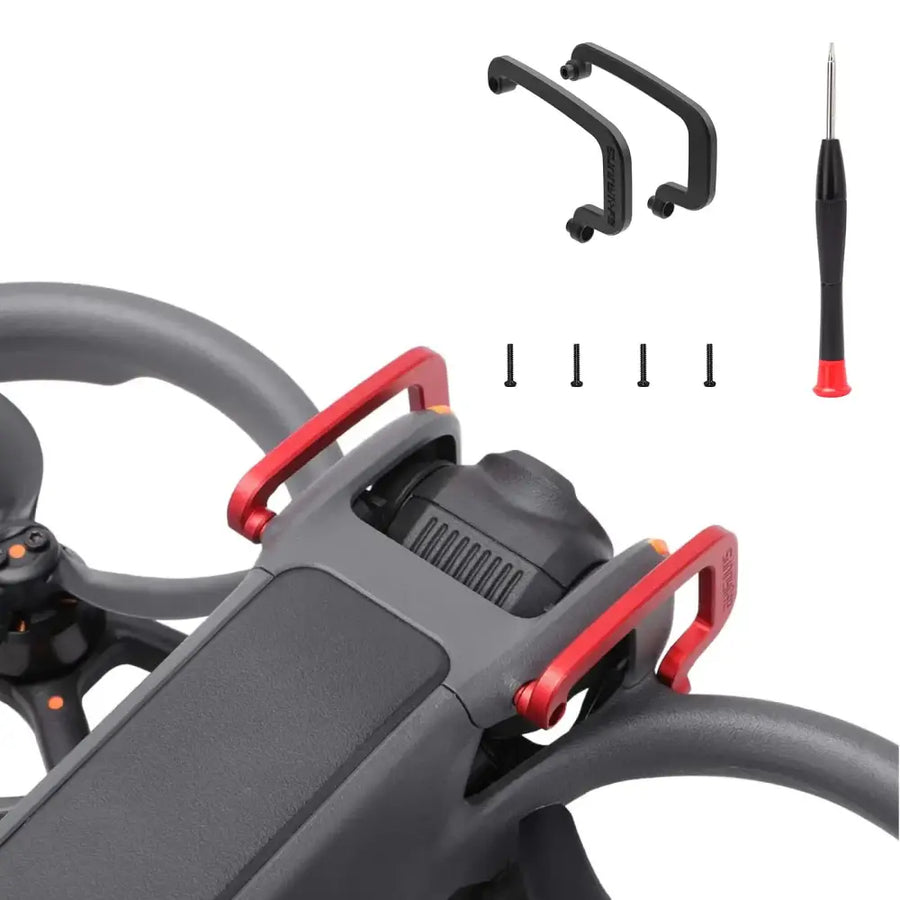 Red and black metal handle brackets for a drone controller.