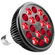Black led red light therapy bulb with 18 circular red leds arranged in a grid pattern.