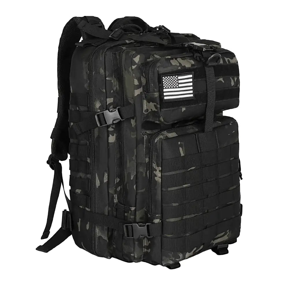 Black and gray camouflage tactical backpack with a white american flag patch on the front pocket.