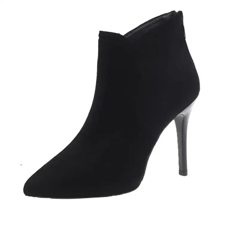 Black suede ankle boot with a slender high heel.