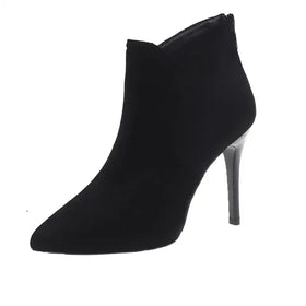 Black suede ankle boot with a slender high heel.
