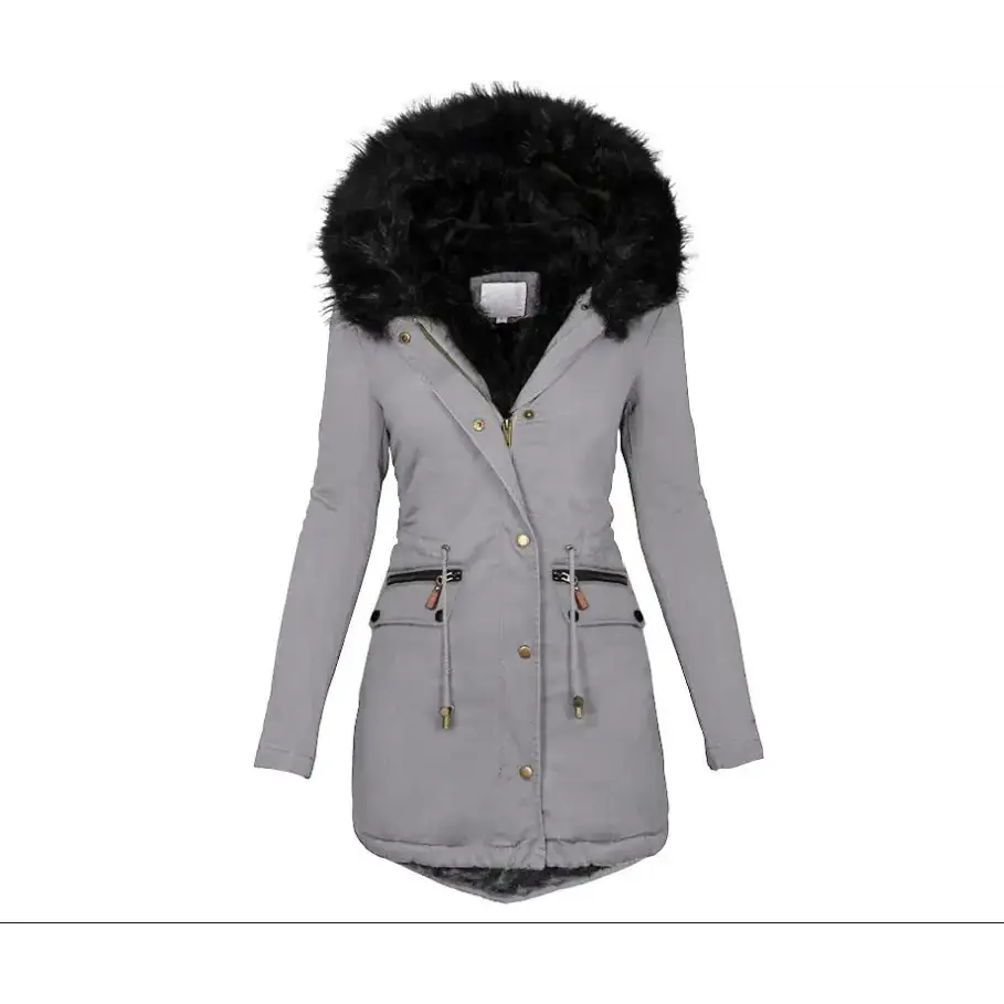 Women's Hooded Mid-Length Warm Cotton Coat with Fur Collar