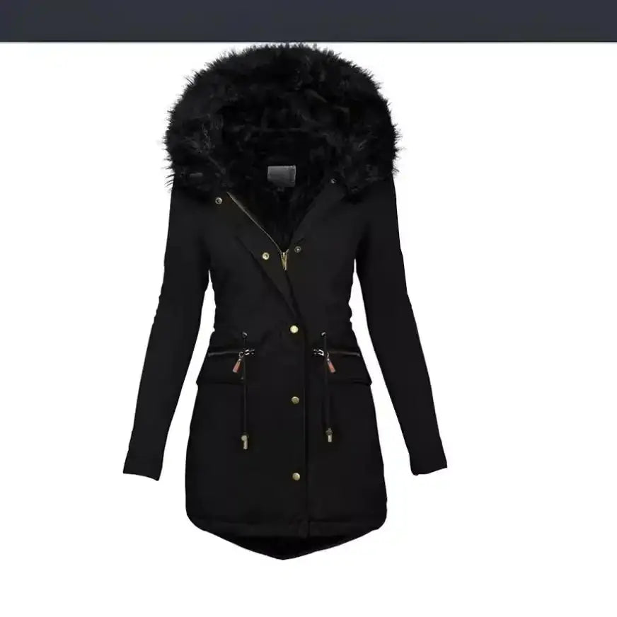 Women's Hooded Mid-Length Warm Cotton Coat with Fur Collar