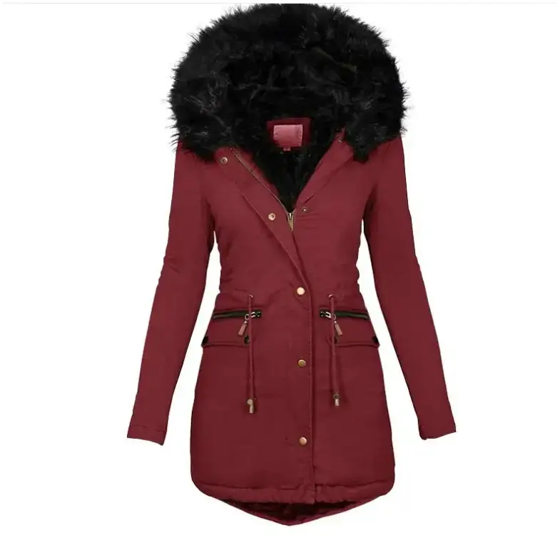 Women's Hooded Mid-Length Warm Cotton Coat with Fur Collar