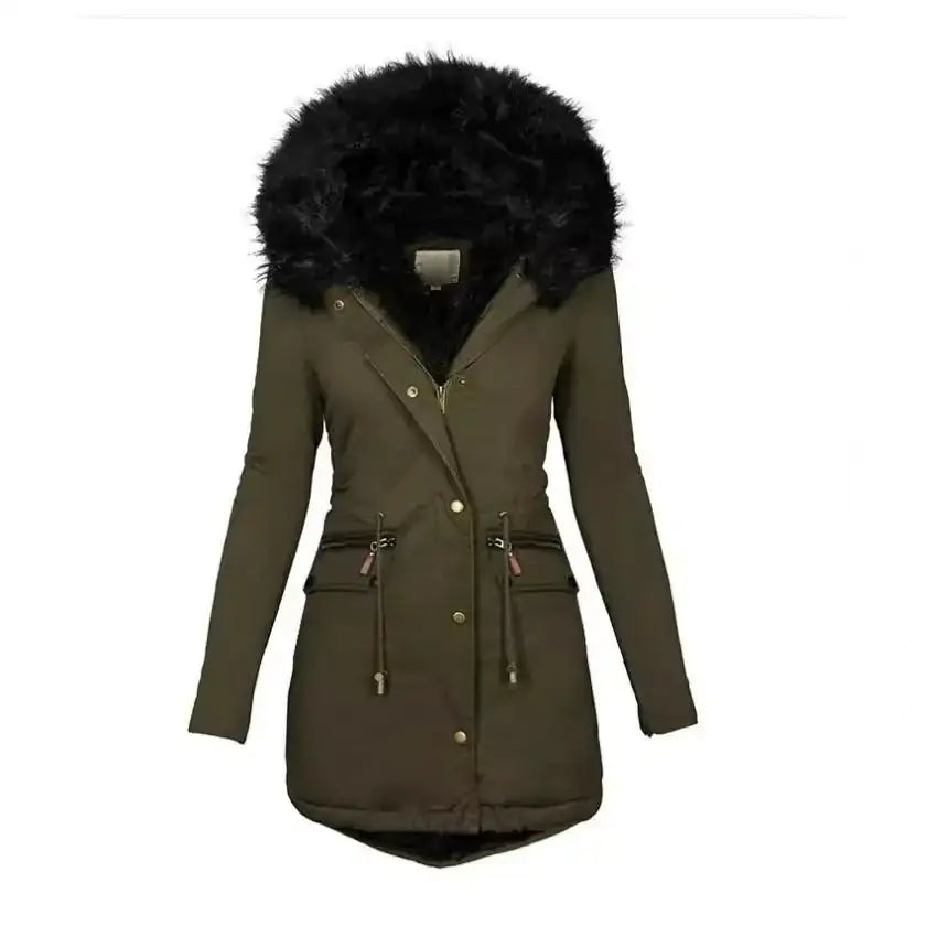 Women's Hooded Mid-Length Warm Cotton Coat with Fur Collar
