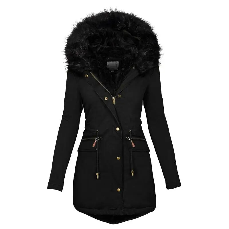 Women's Hooded Mid-Length Warm Cotton Coat with Fur Collar
