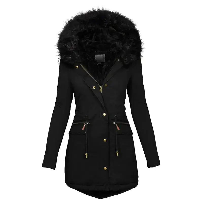 Women's Hooded Mid-Length Warm Cotton Coat with Fur Collar