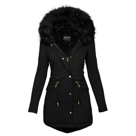 Women's Hooded Mid-Length Warm Cotton Coat with Fur Collar