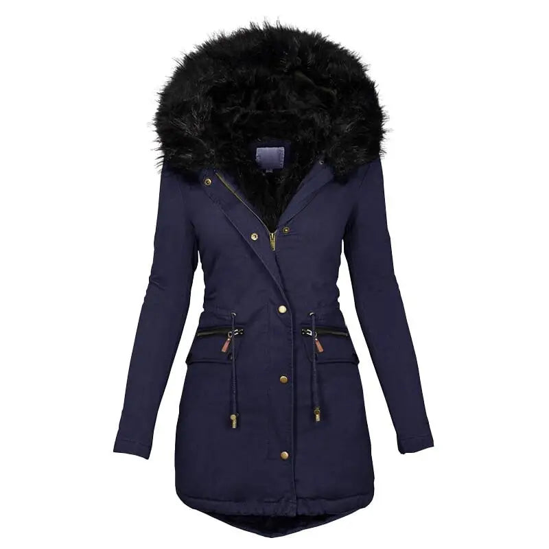 Women's Hooded Mid-Length Warm Cotton Coat with Fur Collar