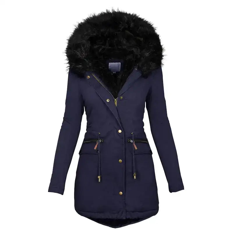 Women's Hooded Mid-Length Warm Cotton Coat with Fur Collar