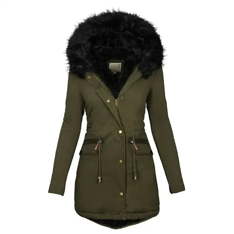Women's Hooded Mid-Length Warm Cotton Coat with Fur Collar