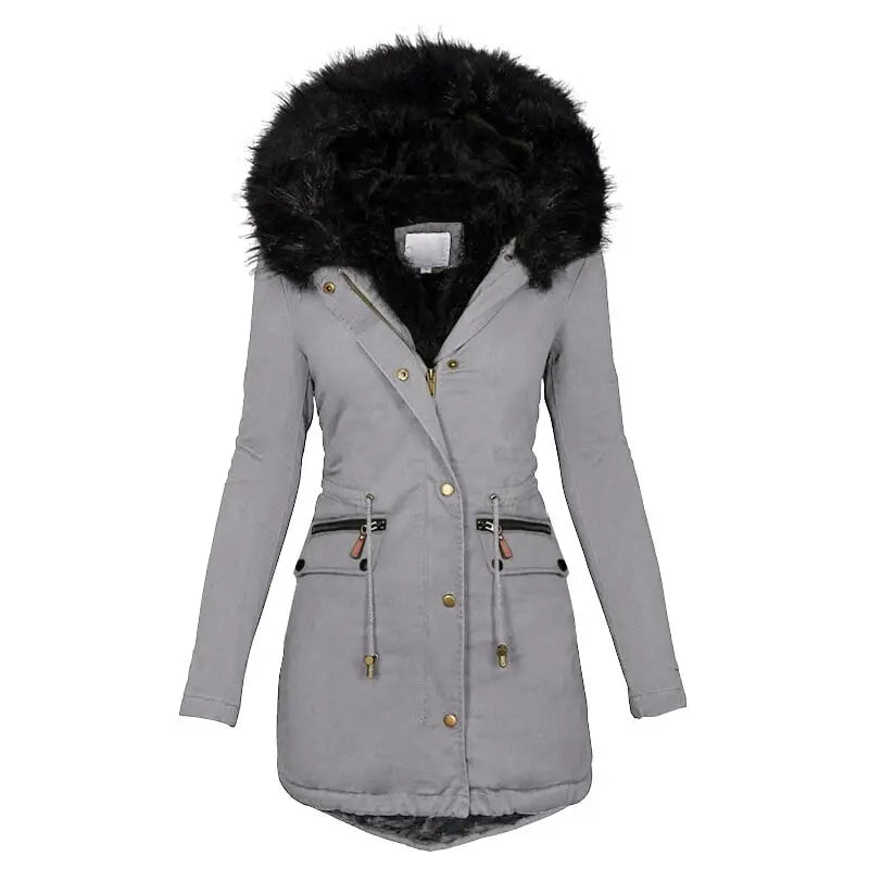 Women's Hooded Mid-Length Warm Cotton Coat with Fur Collar