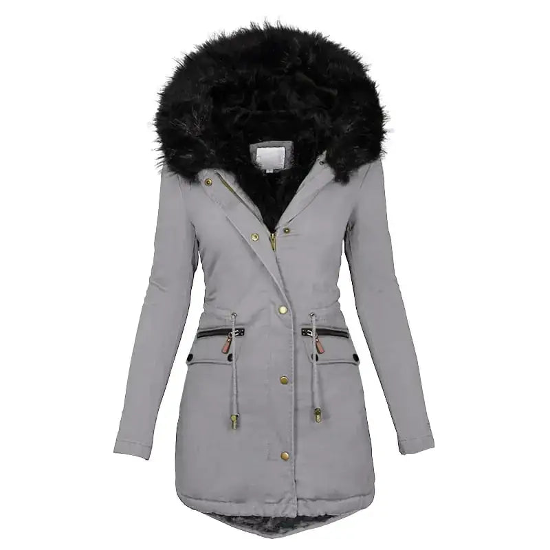 Women's Hooded Mid-Length Warm Cotton Coat with Fur Collar
