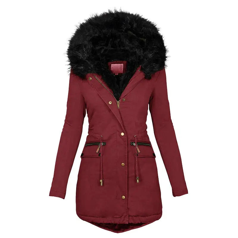 Women's Hooded Mid-Length Warm Cotton Coat with Fur Collar