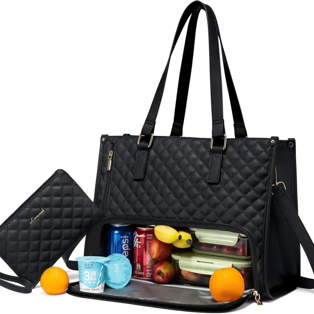 Black quilted leather tote bag with detachable shoulder strap and front zipper pocket.