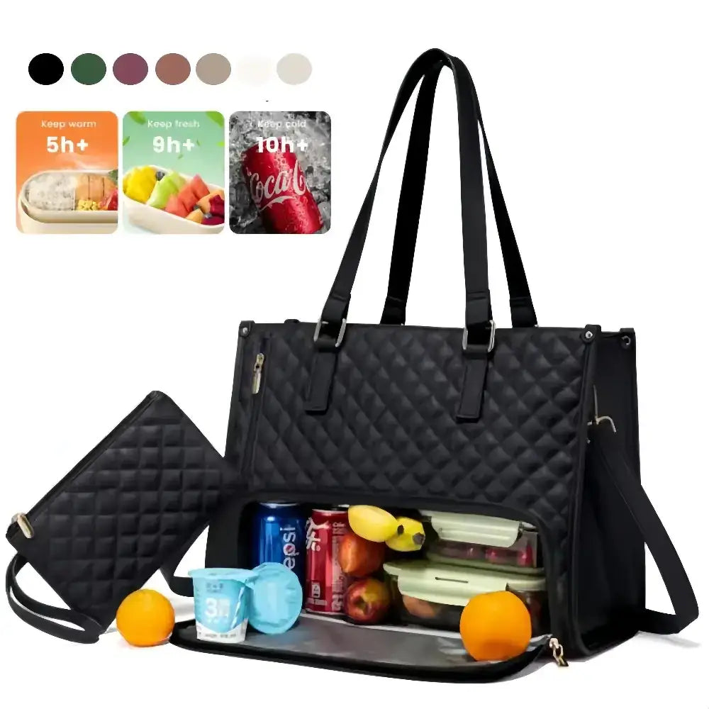 Black quilted insulated tote bag with multiple compartments for food and drinks.