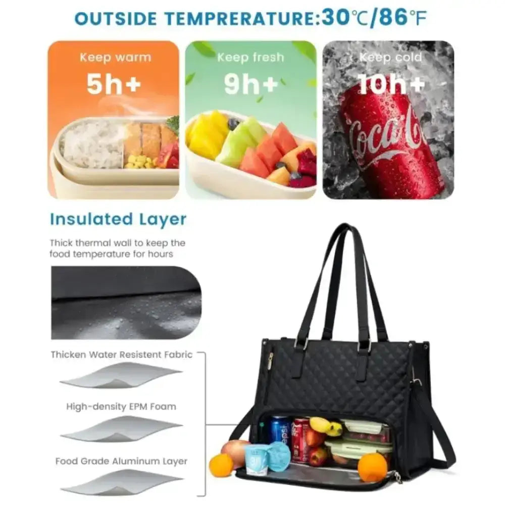 Black quilted insulated lunch tote with thermal lining designed to keep food warm or cold for extended periods.