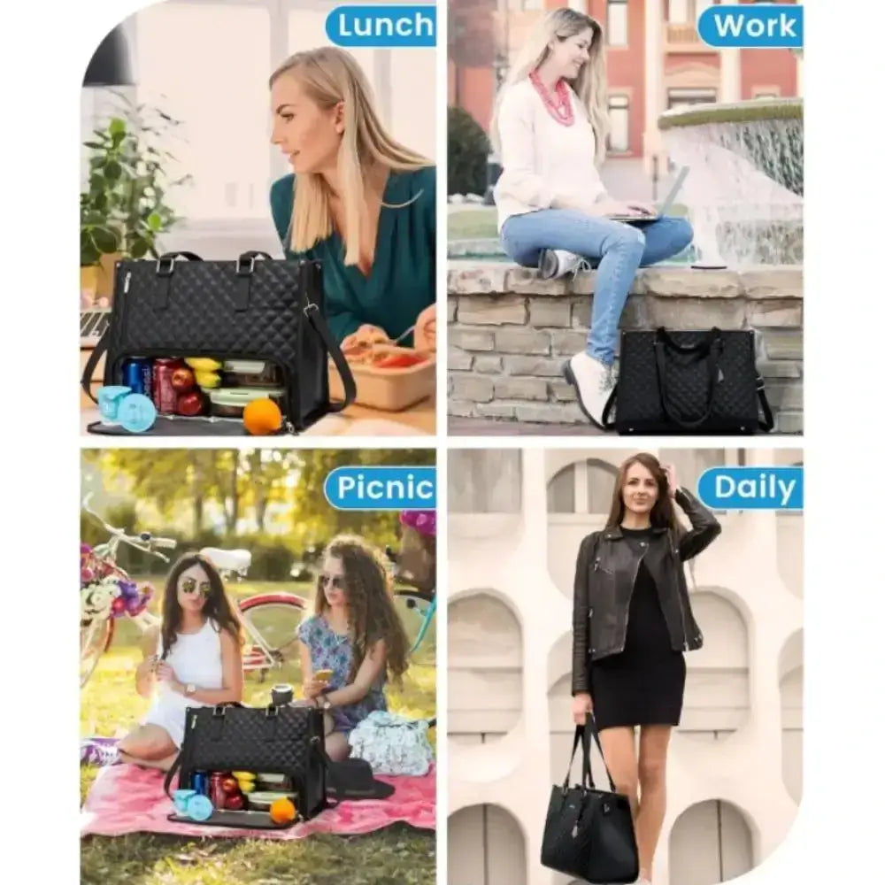 Black quilted tote bag with dual handles and a detachable shoulder strap