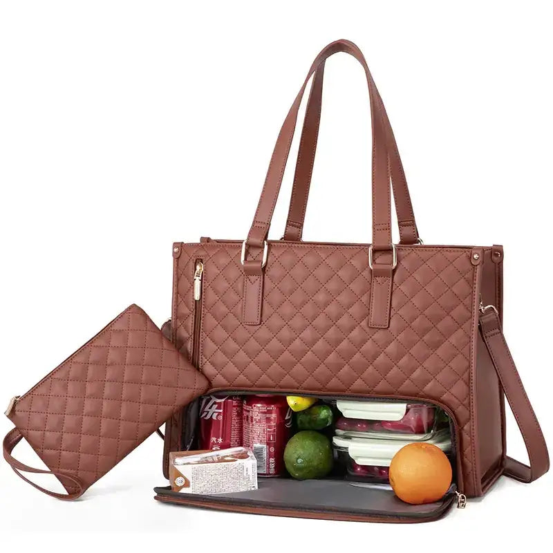 Brown quilted leather tote bag with matching detachable pouch, designed for carrying groceries and snacks.