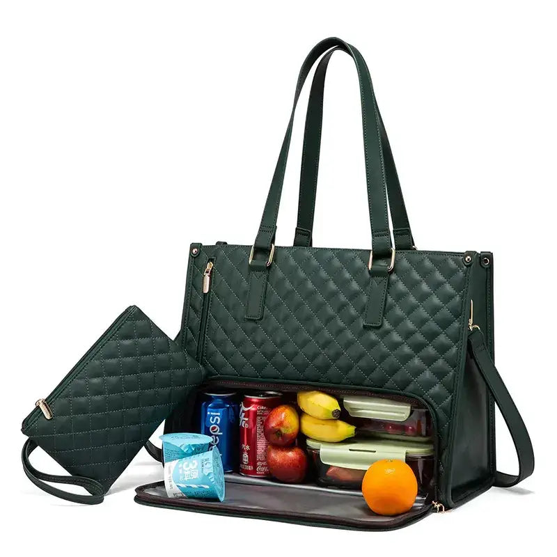 Dark green quilted leather tote bag with a detachable shoulder strap and an open front revealing compartments filled with snacks, drinks, and fruit.