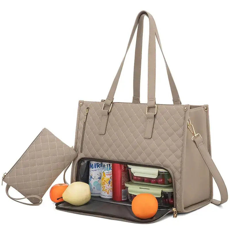 Beige quilted laptop tote with detachable shoulder strap and front zippered compartment.