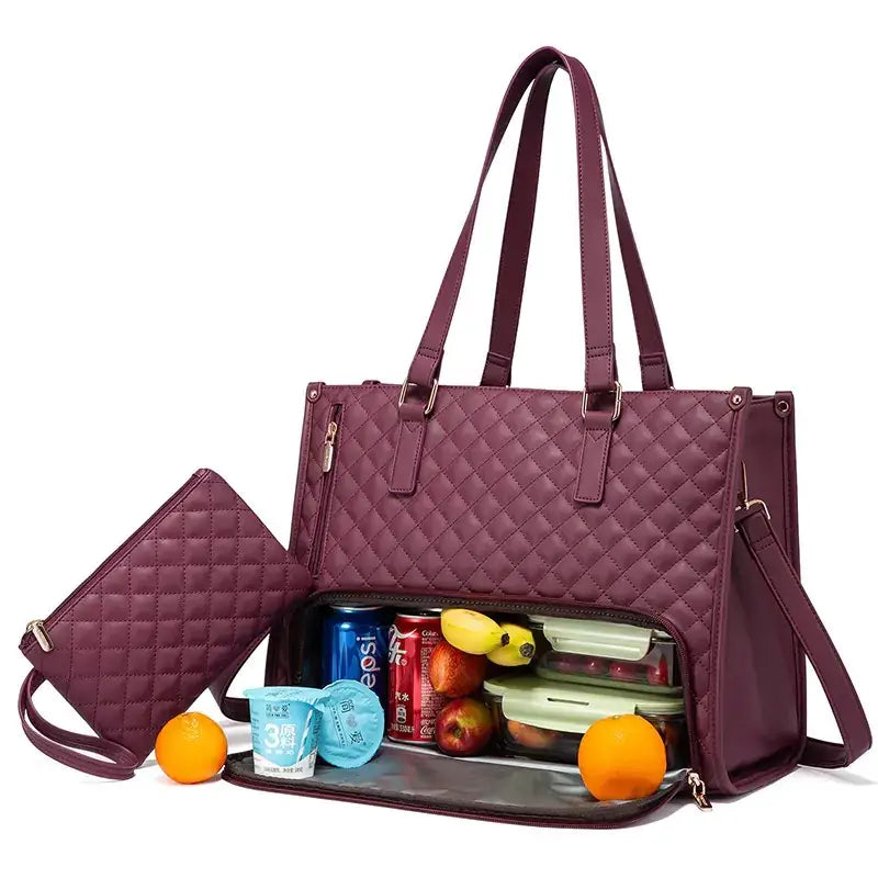A maroon quilted handbag with a matching detachable shoulder strap and an open front revealing compartments filled with food items.