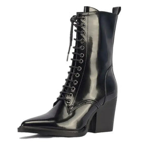 Black patent leather lace-up ankle boot with a pointed toe and chunky heel.