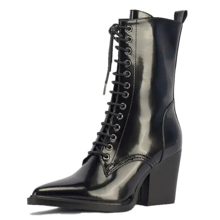 Black patent leather lace-up ankle boot with a pointed toe and chunky heel.