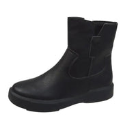 Black leather ankle boot with a chunky sole and elastic side panels.