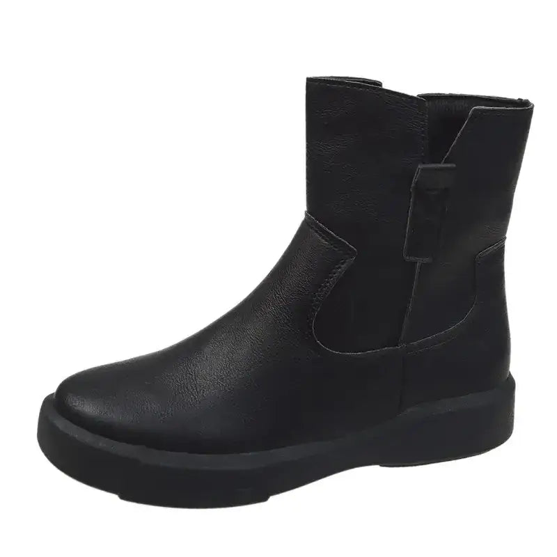 Black leather ankle boot with a chunky sole and elastic side panels.
