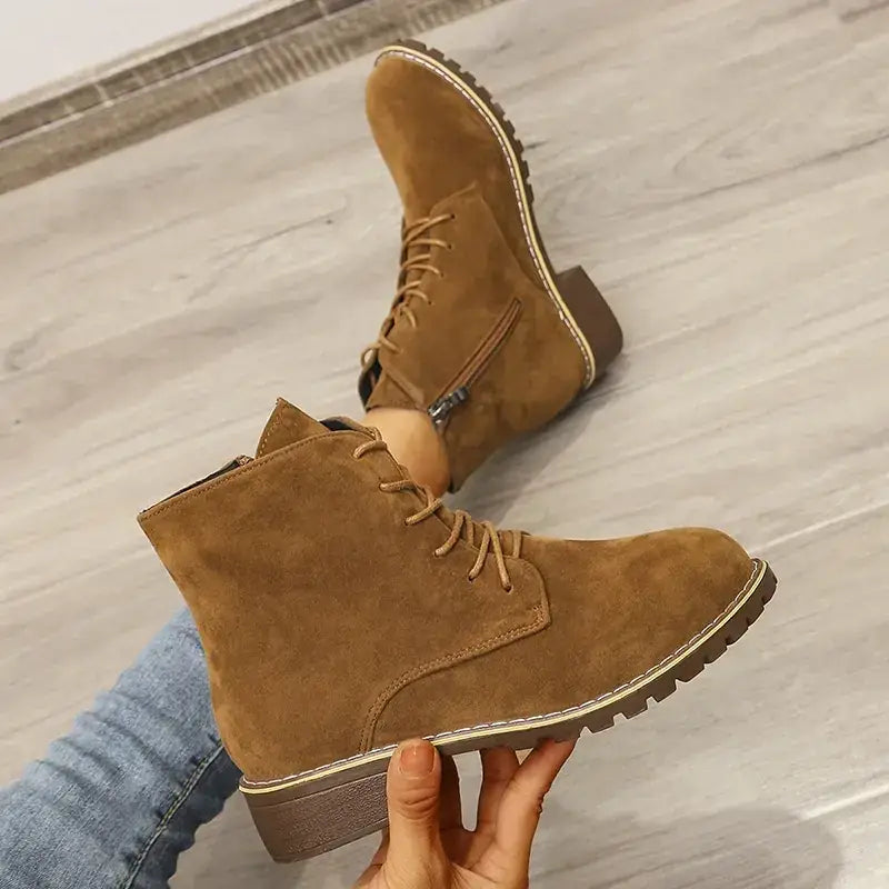 Tan suede ankle boots with lace-up front and a low block heel.