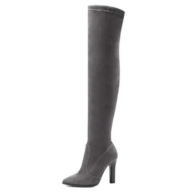 Gray suede over-the-knee boot with a sleek, pointed toe and a sturdy high heel.