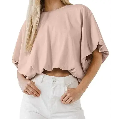 Womens Summer Crewneck Crop Tops Short Sleeve Casual Loose Cropped T Shirts Khaki