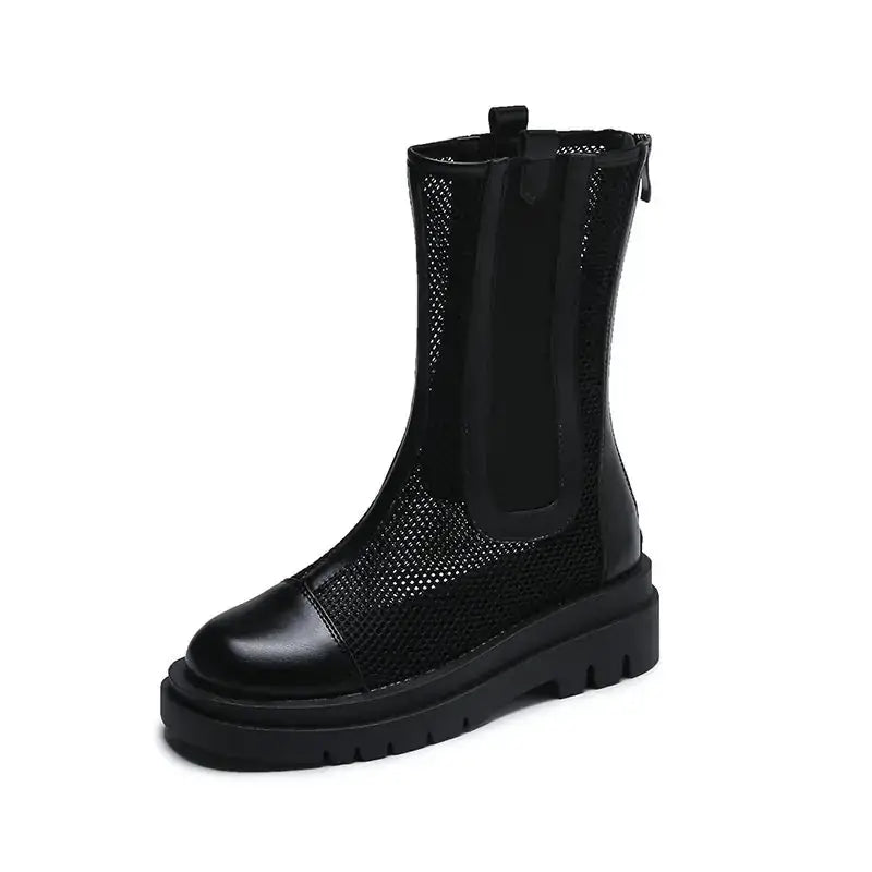 Black mesh ankle boot with a glossy leather toe cap and chunky rubber sole.