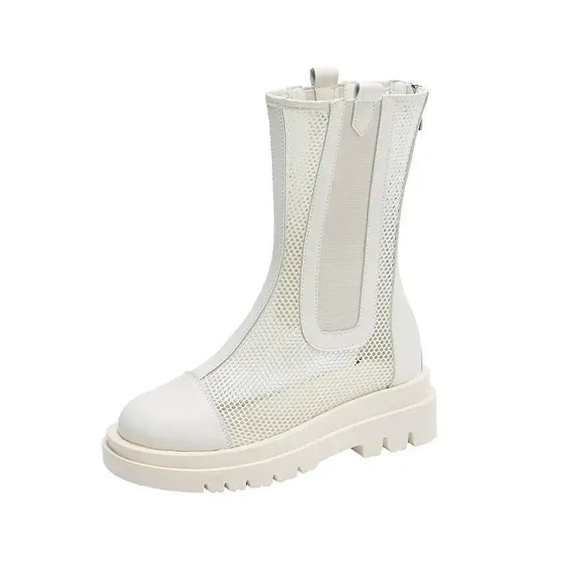 White mesh ankle boot with a smooth leather toe cap and side elastic panel.