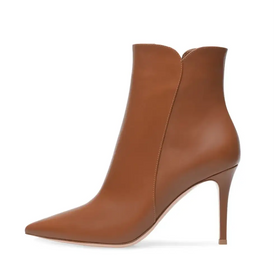 Tan leather ankle boot with a pointed toe and slim high heel.
