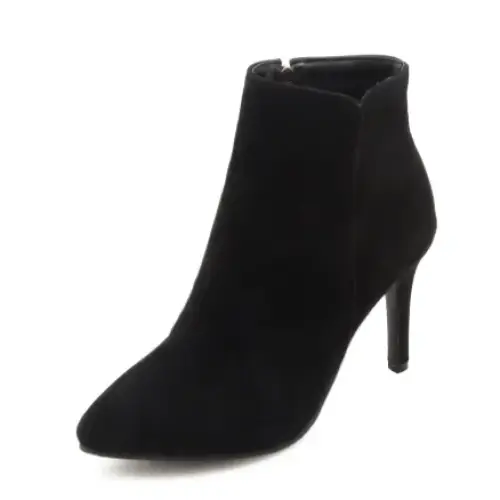 Black suede ankle boot with a pointed toe and slim high heel.