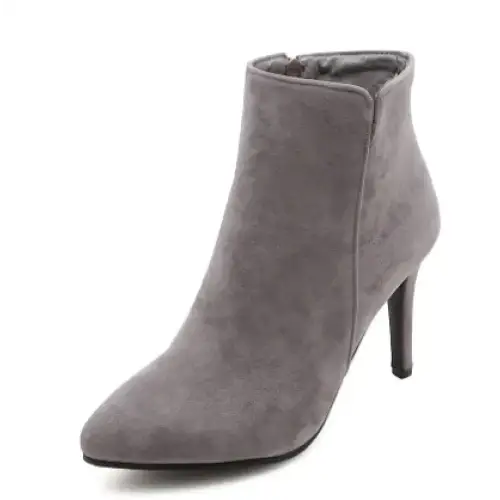 Gray suede ankle boot with a pointed toe and slender high heel.