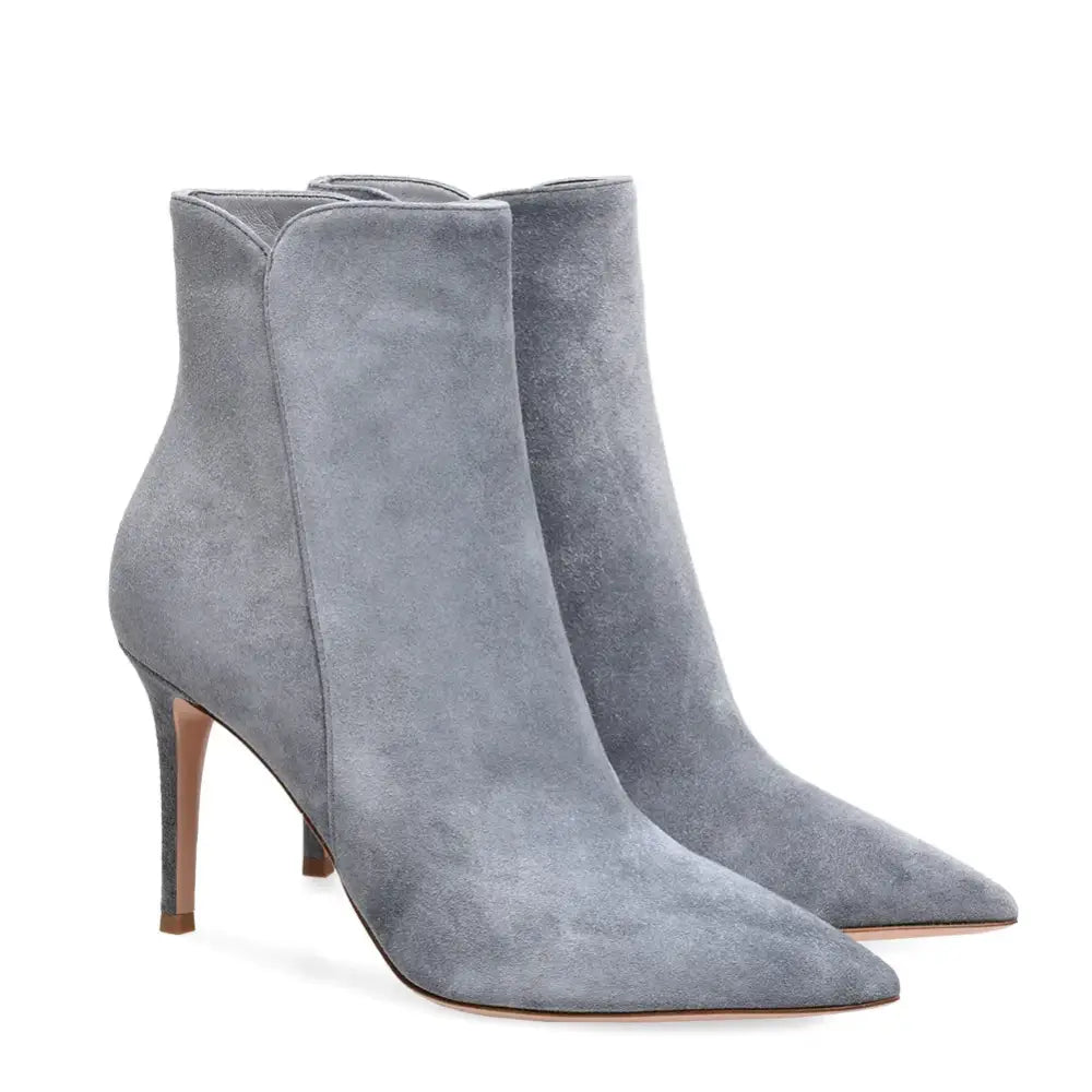 Gray suede ankle boots with a pointed toe and slender high heel.