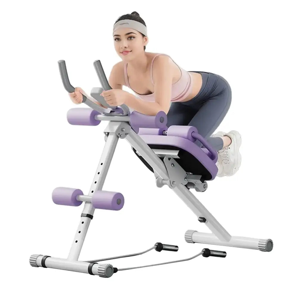 Purple and silver adjustable ab crunch machine with padded handles and seat.