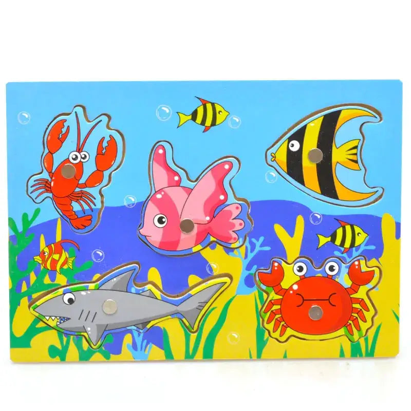 Colorful wooden underwater puzzle featuring cartoon sea creatures like a red lobster, pink fish, and striped sharks.